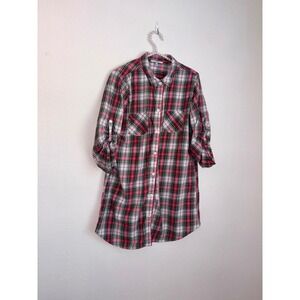 Victoria's Secret Sleep Shirt Womens Medium Red Plaid Excellent Roll-Tab Flannel